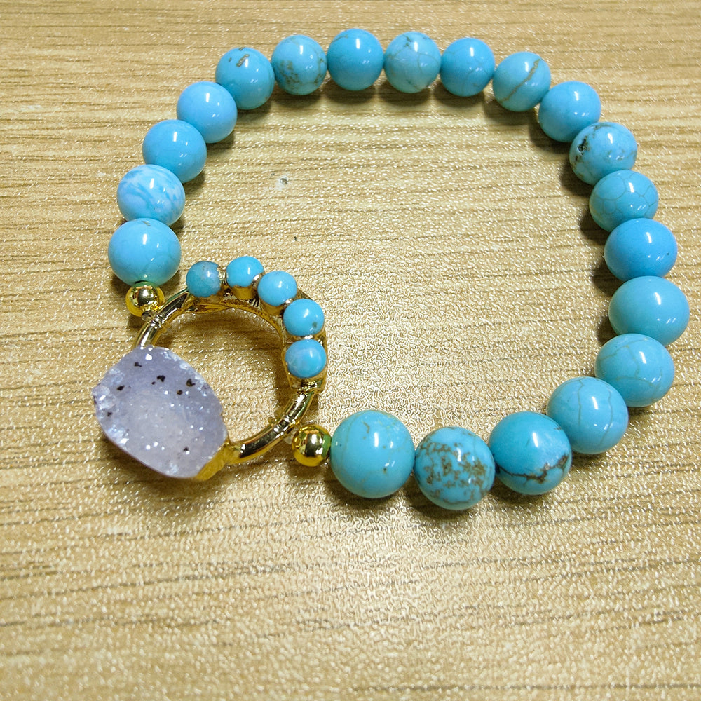 Unique Natural Druzy and Turquoise Circle Round Stretch Bracelet, 8mm Blue Howlite Beads, Boho Jewelry AL715