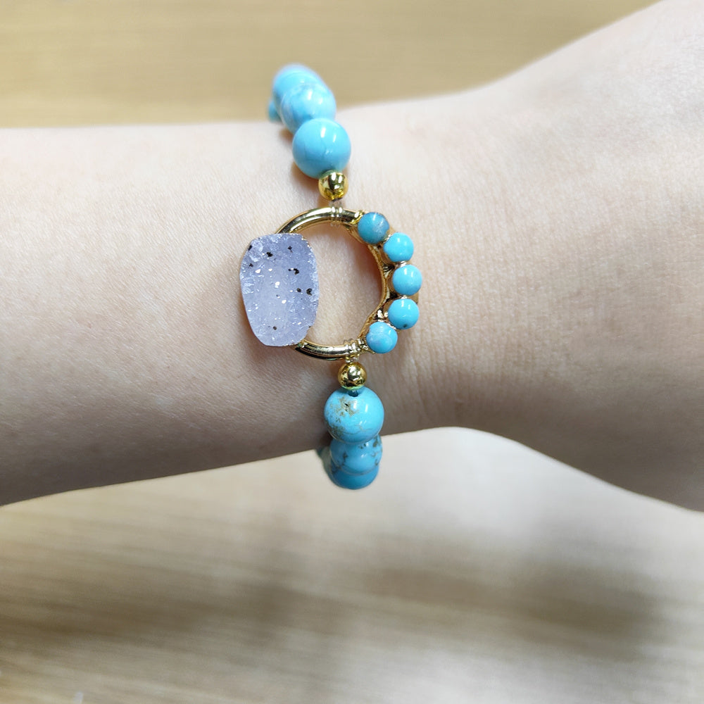 Unique Natural Druzy and Turquoise Circle Round Stretch Bracelet, 8mm Blue Howlite Beads, Boho Jewelry AL715