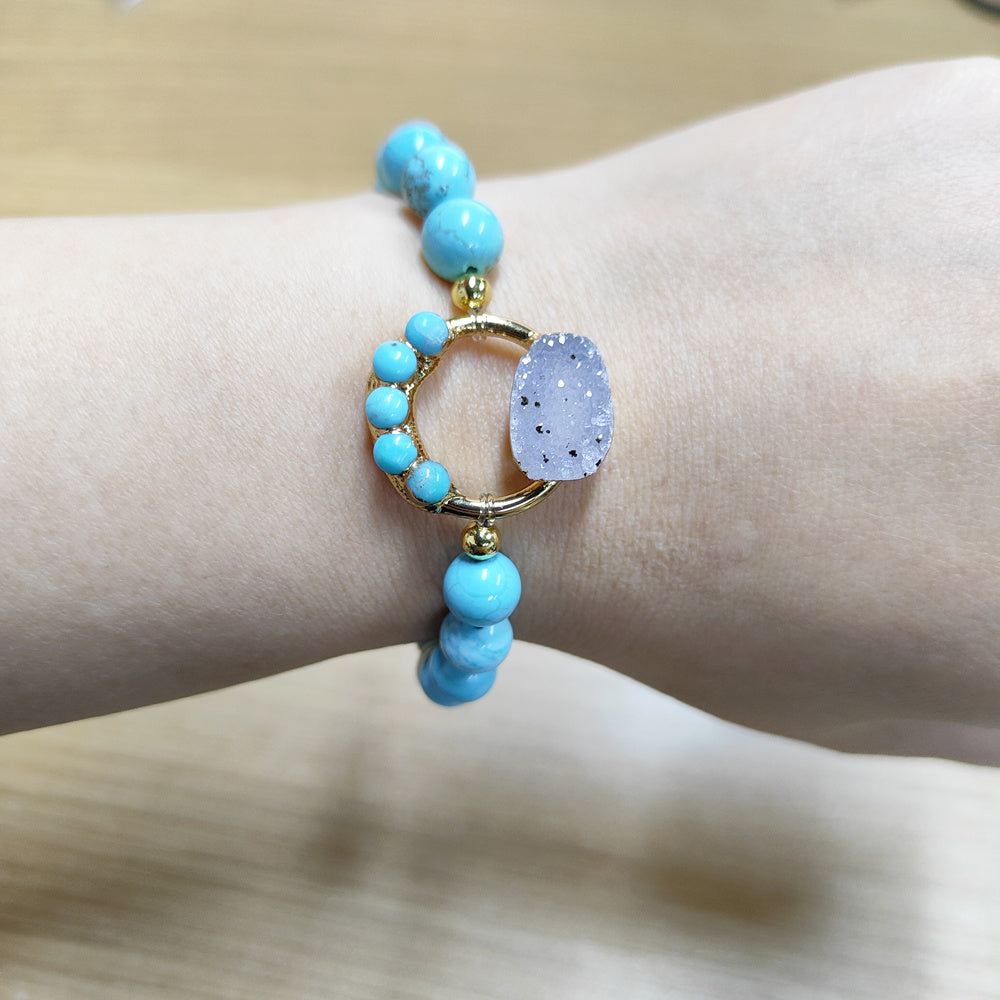 Unique Natural Druzy and Turquoise Circle Round Stretch Bracelet, 8mm Blue Howlite Beads, Boho Jewelry AL715