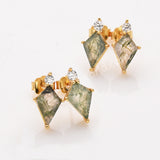 S925 Sterling Silver Gold Plated Natural Moss Agate CZ Stud Earrings, Diamond Shape Gemstone Jewelry SS360-1