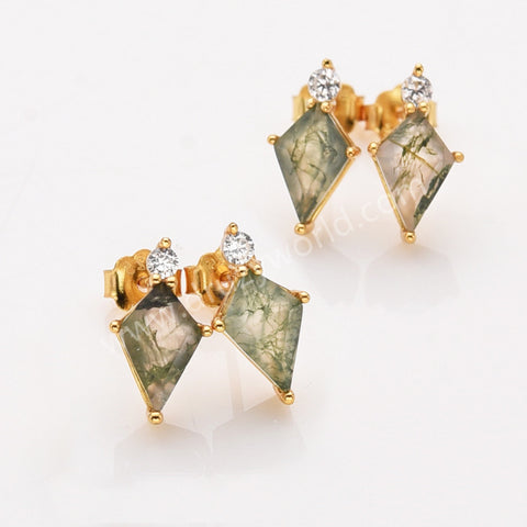 S925 Sterling Silver Gold Plated Natural Moss Agate CZ Stud Earrings, Diamond Shape Gemstone Jewelry SS360-1