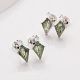 Diamond Shape Green Moss Agate S925 Sterling Silver CZ Stud Earrings, Natural Gemstone Healing Jewelry SS360-2