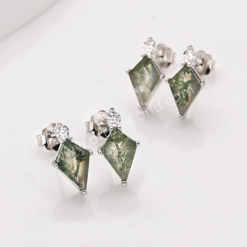 Diamond Shape Green Moss Agate S925 Sterling Silver CZ Stud Earrings, Natural Gemstone Healing Jewelry SS360-2