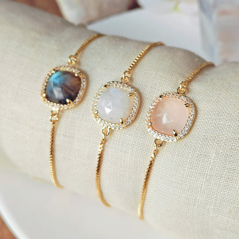 5 pcs Square Natural Stone Connector Bracelet, CZ Micro Pave, Gemstone Jewelry Bracelet WX2092-B