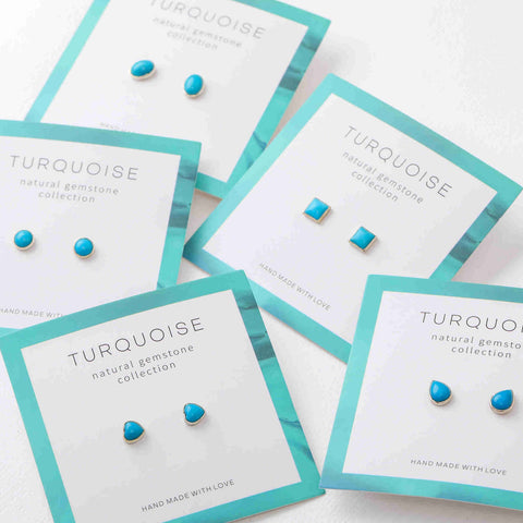 925 Sterling Silver Genuine Turquoise Stud Earrings, Oval, Heart, Square, Teardrop, Round Shape, Gemstone Jewelry, Wholesale BT021