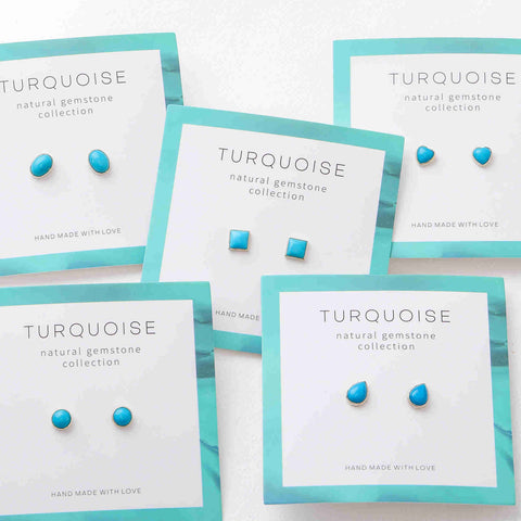 925 Sterling Silver Genuine Turquoise Stud Earrings, Oval, Heart, Square, Teardrop, Round Shape, Gemstone Jewelry, Wholesale BT021