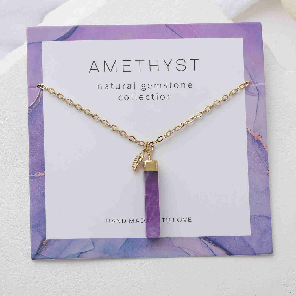 16" Gold Plated Rectangle Gemstone Necklace Birthstone Necklace, Healing Crystal Stone Bar Necklace Jewelry BT019
