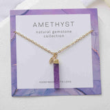 16" Gold Plated Rectangle Gemstone Necklace Birthstone Necklace, Healing Crystal Stone Bar Necklace Jewelry BT019