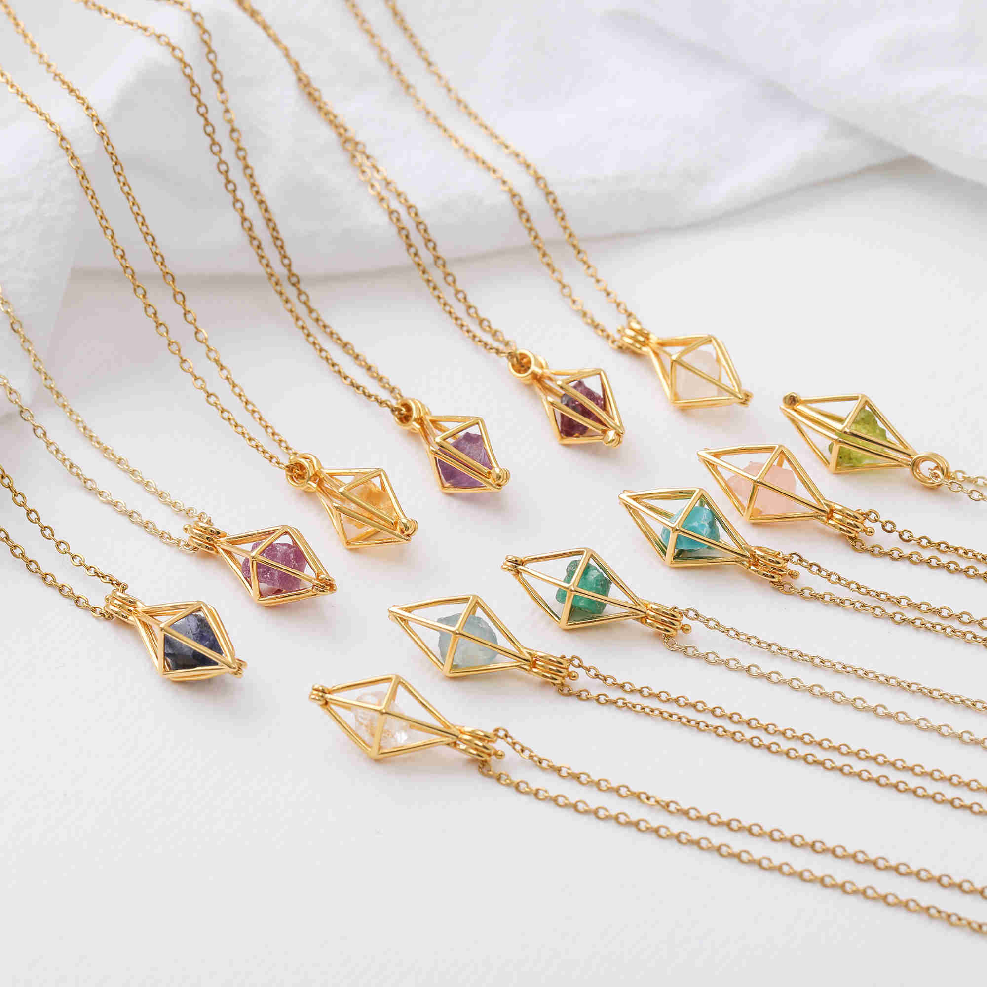 16" Gold Raw Gemstone Diamond Pendant Necklace, Healing Birthstone Fashion Jewelry BT006