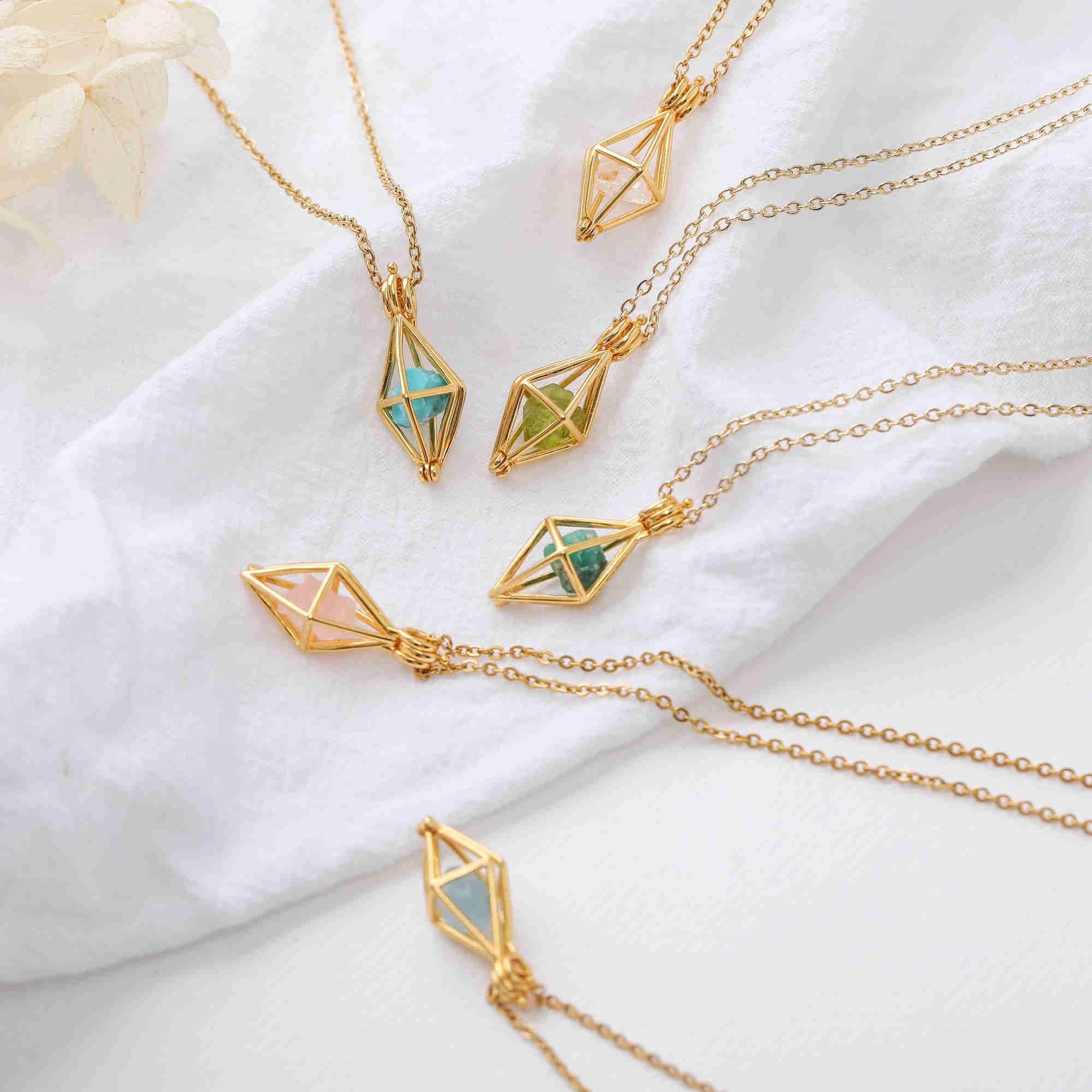 16" Gold Raw Gemstone Diamond Pendant Necklace, Healing Birthstone Fashion Jewelry BT006