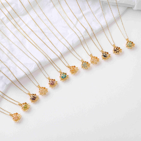 16" Gold Plated Hollow Lotus With Natural Raw Crystal Necklace, Birthstone Necklace, Gemstone Necklace Jewelry BT011