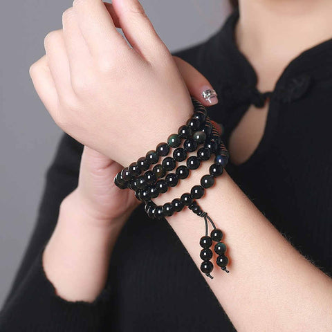 Natural Black Obsidian Bracelet with Multi-Layers of Buddhist Beads AL005
