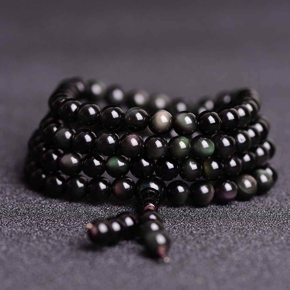 Natural Black Obsidian Bracelet with Multi-Layers of Buddhist Beads AL005