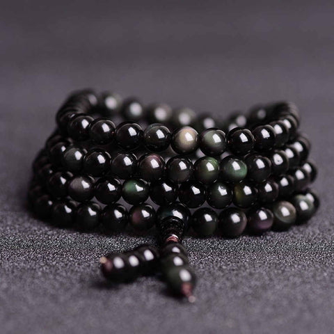 Natural Black Obsidian Bracelet with Multi-Layers of Buddhist Beads AL005