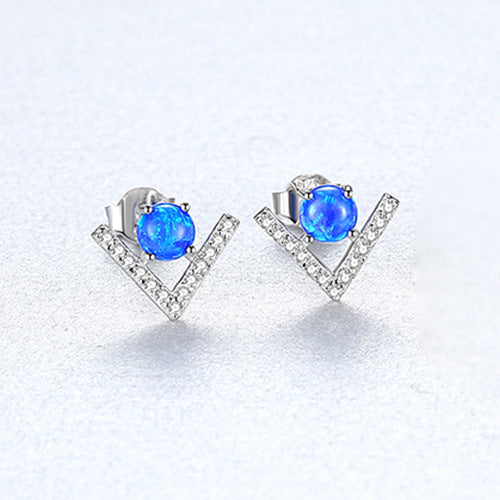925 Sterling Silver Opal V Shape Zircon Stud Earrings, Fashion Jewelry AL560