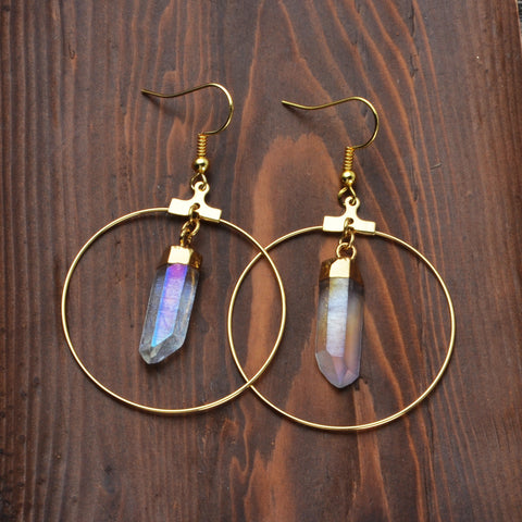 Gold Plated Angel Aura Quartz Point Hoop Earrings, Titanium AB White Crystal, Healing Jewelry HUS053
