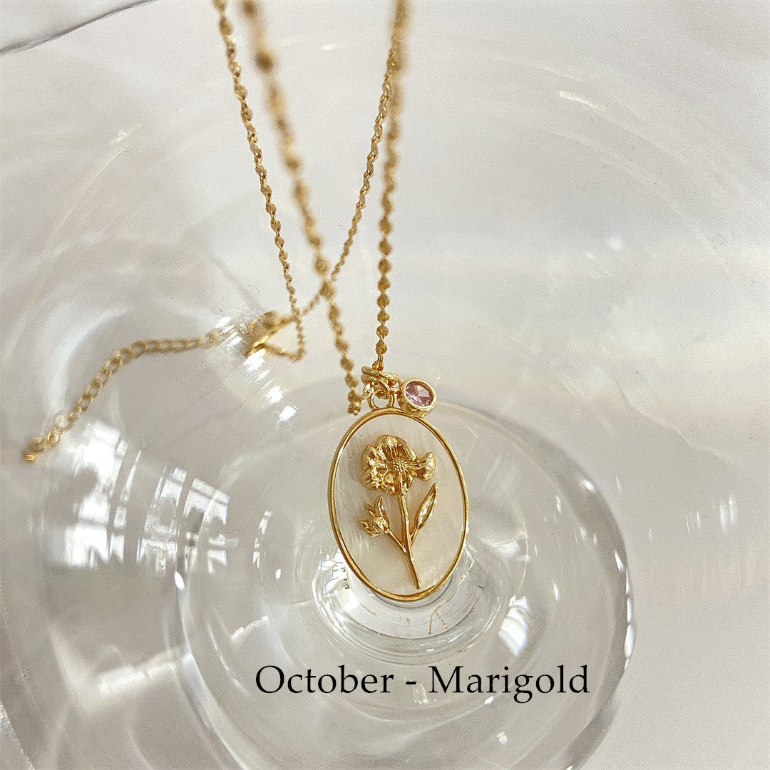 Oval White Shell December Flower Necklace Birthstone Monthstone Necklace AL511 October   Marigold