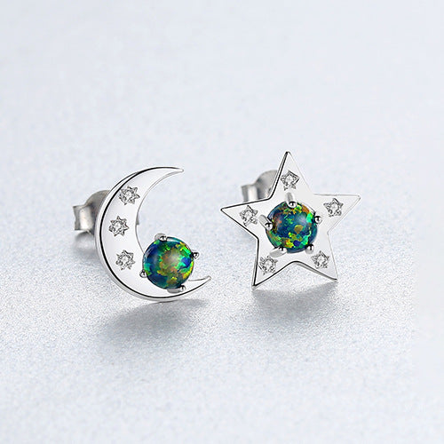 S925 Sterling Silver CZ Moon & Star Opal Studs Earrings, Gemstone Earrings, Fashion Jewelry AL555