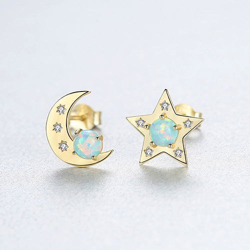 S925 Sterling Silver CZ Moon & Star Opal Studs Earrings, Gemstone Earrings, Fashion Jewelry AL555