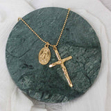Gold Cross With Virgin Mary Coin 18" Chain Necklace AL077
