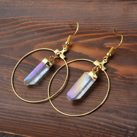 Gold Plated Angel Aura Quartz Point Hoop Earrings, Titanium AB White Crystal, Healing Jewelry HUS053