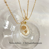 Oval White Shell Birth Flower Necklace, CZ Pave Jewelry AL511