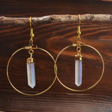 Gold Plated Angel Aura Quartz Point Hoop Earrings, Titanium AB White Crystal, Healing Jewelry HUS053