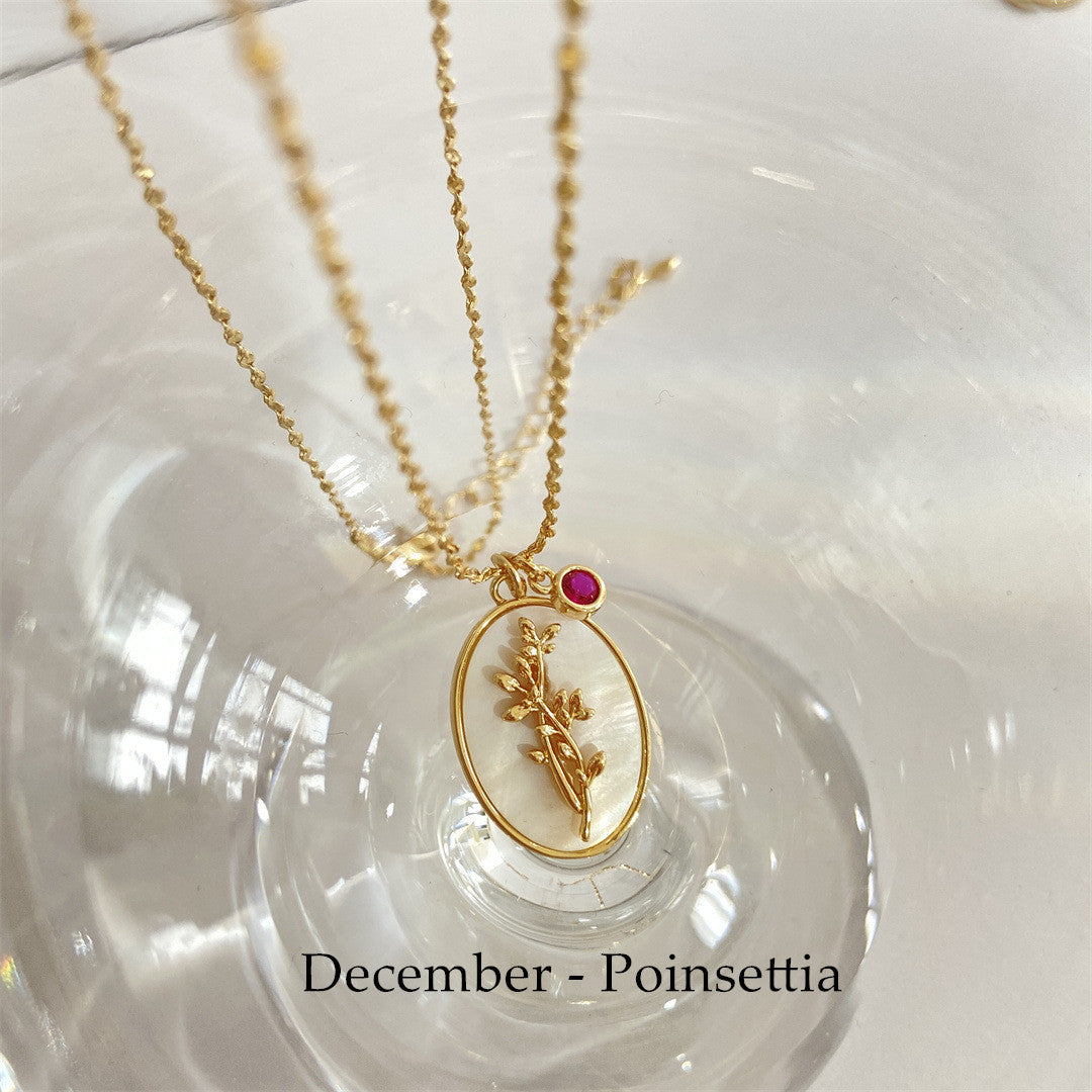 Oval White Shell December Flower Necklace Birthstone Monthstone Necklace AL511 December Poinsettia