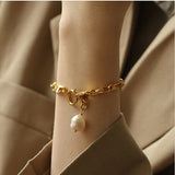 Gold Natural Real Pearl Thick Chain Bracelet WX1778