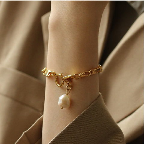 Gold Natural Real Pearl Thick Chain Bracelet WX1778