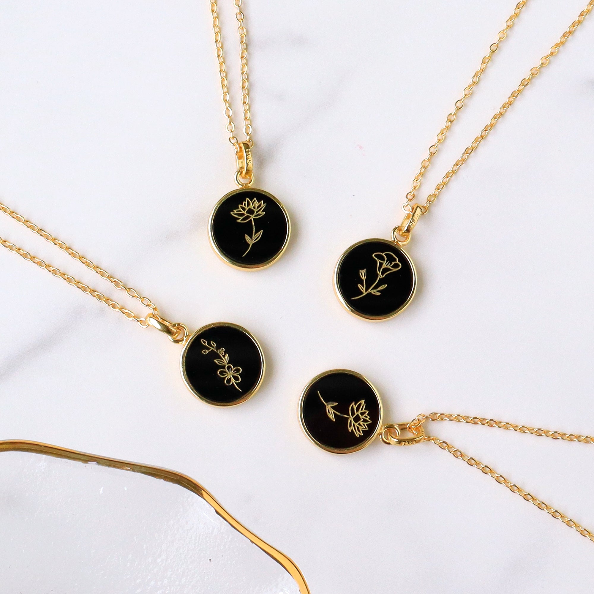 16" Gold Plated Round Black Obsidian Necklace, Carved Moonstone Flower Necklace, Healing Gemstone Jewelry KZ031