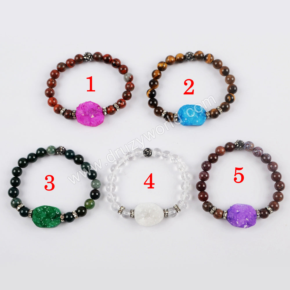 Rainbow Agate Druzy With 8mm Multi-kind Stone Beads Bracelet G1556