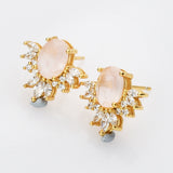 Gold Plated Rose Quartz Stud Earrings Zircon Studs, S925 Sterling Silver Earring, Healing Crystal Jewelry Earrings SS222EG