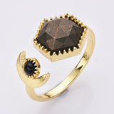 Hexagon Gold Plated Brass Gemstone Faceted Ring, Adjustable Open Ring, Natural Crystal Jewelry WX2195