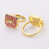Octagon Gemstone CZ Eye Adjustable Gold Plated Rings, Turquoise Larimar Rhodochrosite Jewelry Ring ZG0462