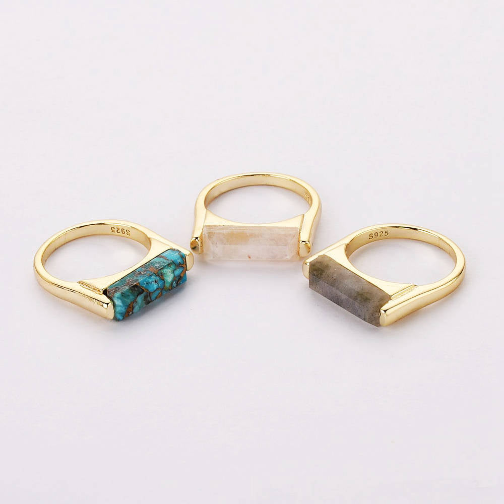 Gold Plated Natural Gemstone Crystal Rings Faceted Copper Turquoise Moonstone Labradorite Bar Ring ZG0463