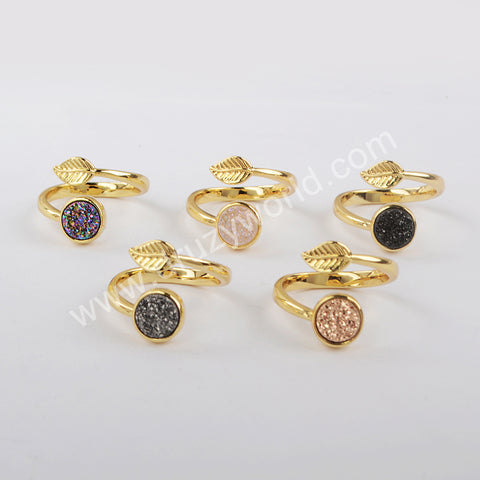 Gold Plated Leaf Natural Agate Titanium Druzy Adjustable Fashion Ring ZG0437