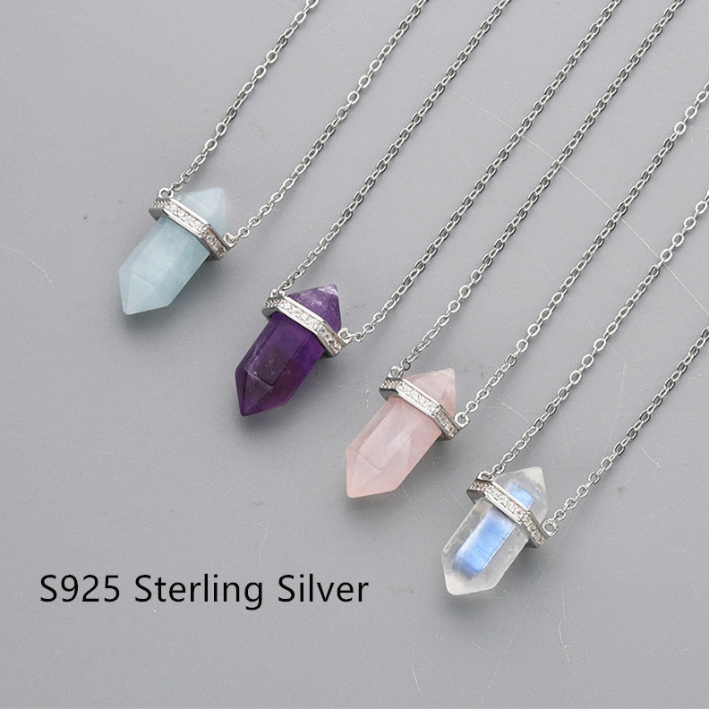 15" S925 Sterling Silver Moonstone Rose Quartz Hexagon Point Necklace CZ Micro Pave, Crystal Gemstone Dainty Jewelry SS225NS