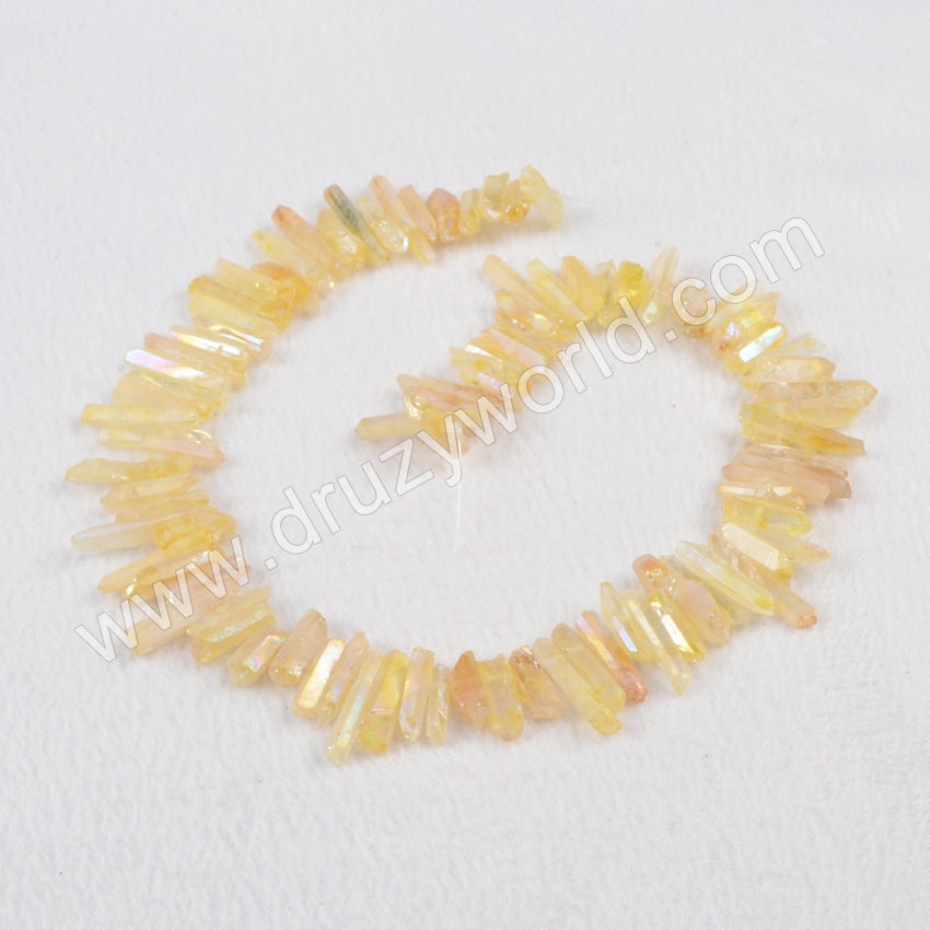 16" Strand Of Rainbow Aura Quartz Titanium Druzy Crystal Point Loose Beads, For DIY Jewelry Making G0796