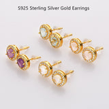 S925 Sterling Silver Gold Round Gemstone Crystal CZ Micro Pave Stud Earrings, Dainty Jewelry SS216EG