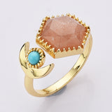 Hexagon Gold Plated Brass Gemstone Faceted Ring, Adjustable Open Ring, Natural Crystal Jewelry WX2195