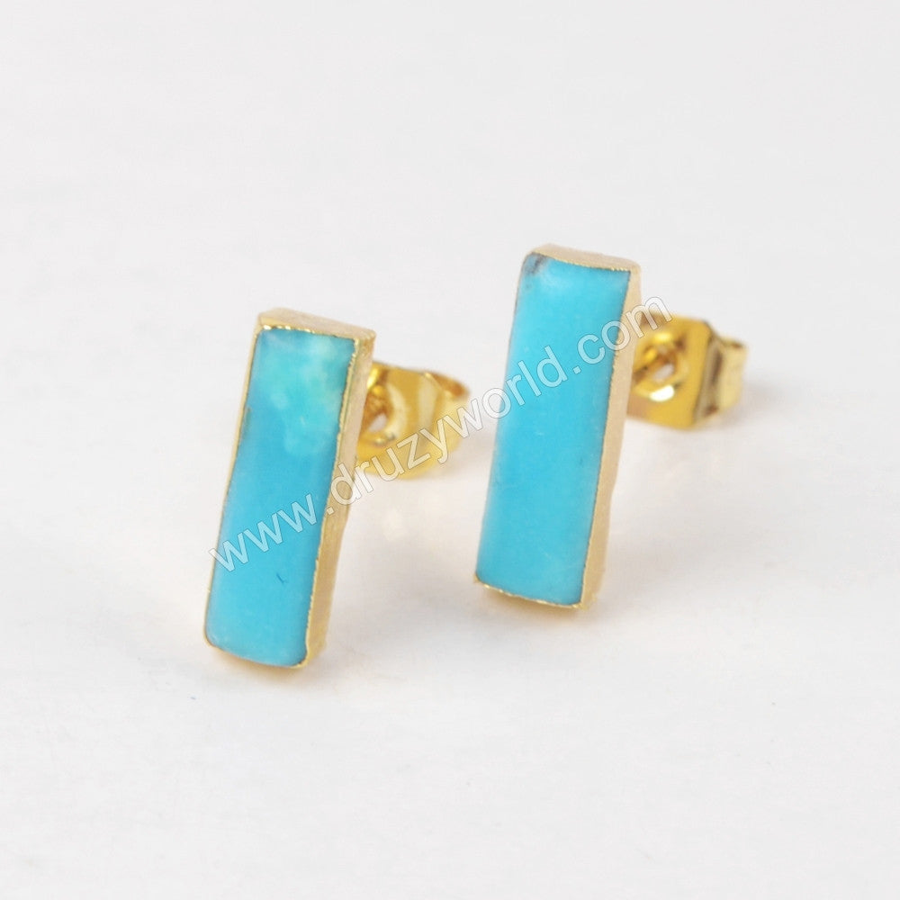 rectangle turuqoise studs, turquoise bar studs, turquoise earrings, gemstone earrings, healing stone earrings, gold plated earrings, genuine turquoise earrings, fashion jewelry, gift for women, mother's earrings, mother's day gift