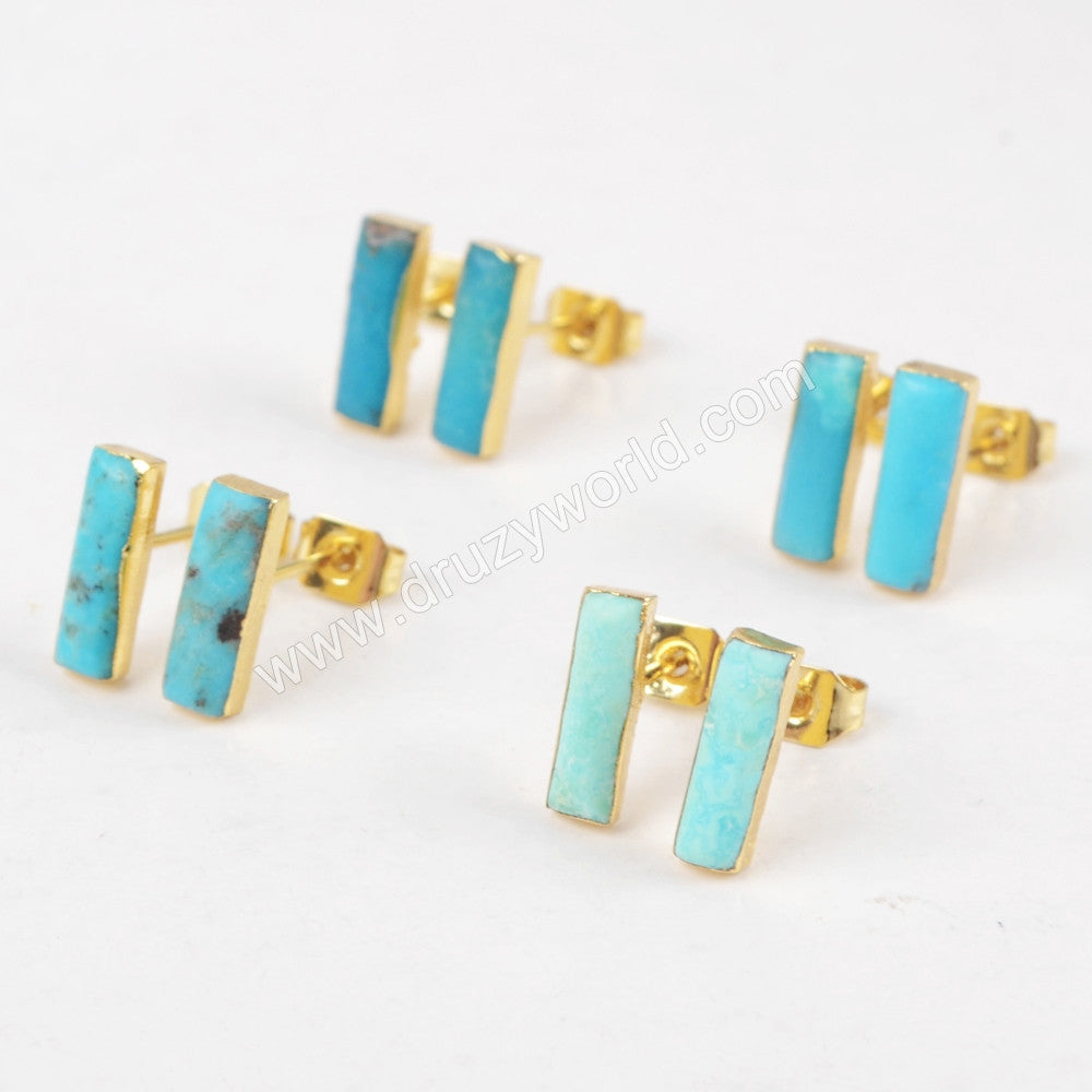rectangle turuqoise studs, turquoise bar studs, turquoise earrings, gemstone earrings, healing stone earrings, gold plated earrings, genuine turquoise earrings, fashion jewelry, gift for women, mother's earrings, mother's day gift