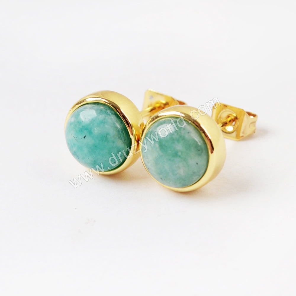 Round Gemstone Earrings Gold Plated Bezel Natural Stone Stud Earrings, Boho Jewelry ZG0283