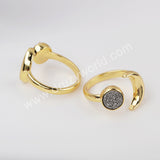 Gold Plated Moon Natural Agate Titanium Druzy Open Ring For Women ZG0438