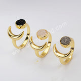 Gold Plated Moon Natural Agate Titanium Druzy Open Ring For Women ZG0438