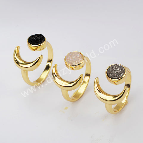 Gold Plated Moon Natural Agate Titanium Druzy Open Ring For Women ZG0438