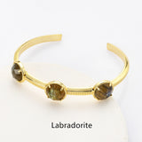Gold Plated Brass 3-Round-Gemstone Faceted Bangle, Healing Crystal Quartz Cuff Bracelet  ZG0493