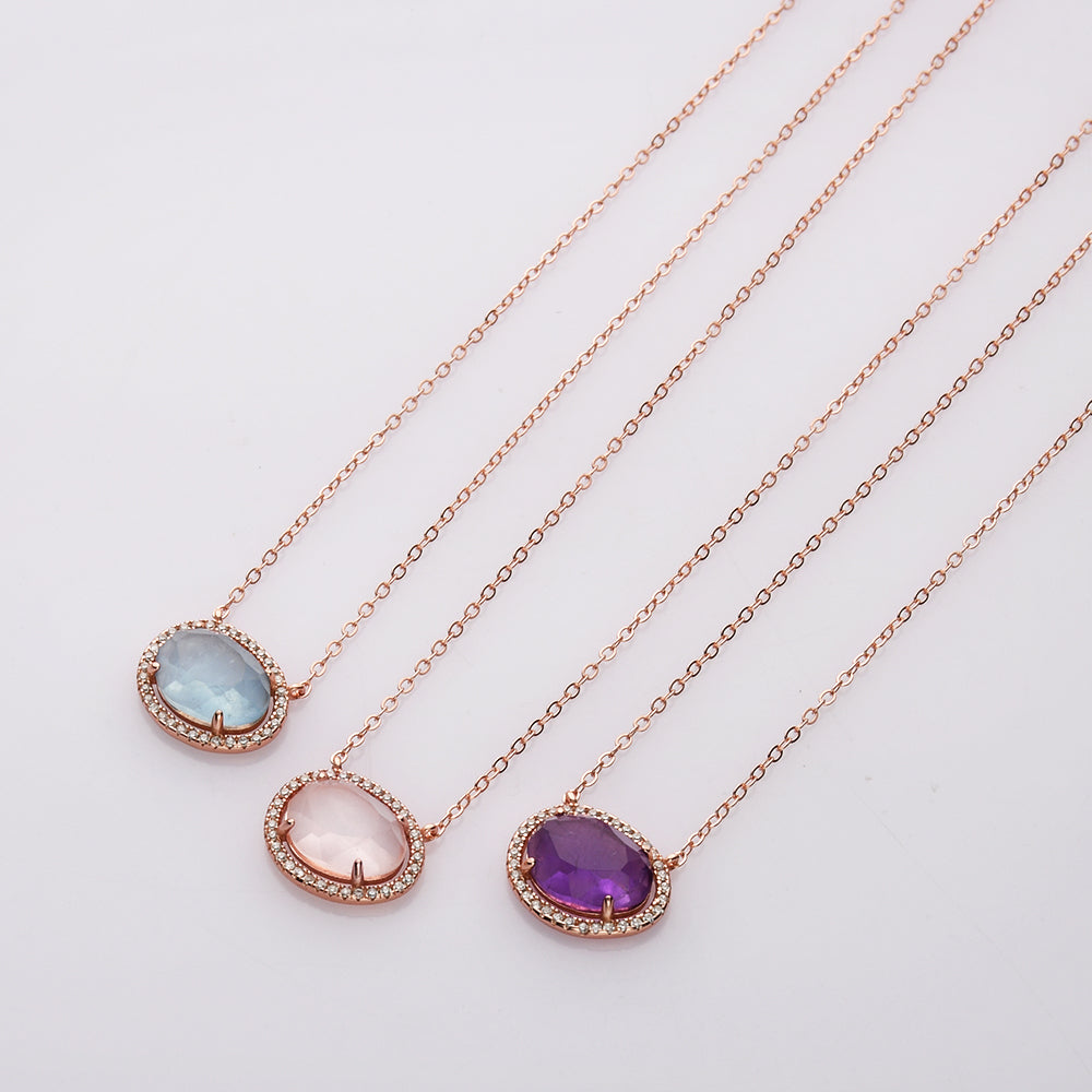 Wholesale 15" S925 Sterling Silver Rose Gold Prong CZ Gemstone Necklace, Micro Pave, Faceted Amethyst Aquamarine Rose Quartz Moonstone Necklace Jewelry SS230