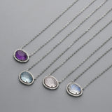 15" S925 Sterling Silver Prong Faceted Aquamarine Moonstone Crystal Necklace, CZ Micro Pave, Gemstone Dainty Jewelry Necklace SS228NS